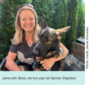 image of Jaime with Tahsis, her german sherpherd
