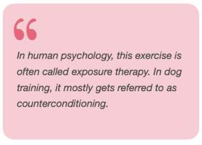 human psychology, the exercise is often called exposure therapy in dog training it mostly get referred to as counterconditions